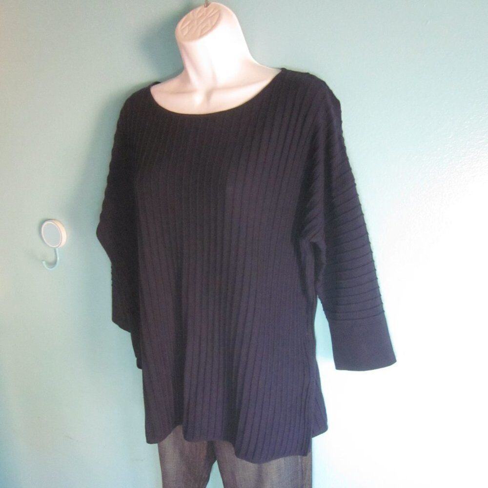 Kinross Women Size L Navy Blue Cotton Sweater Ribbed Knit Dolman Sleeve Pullover